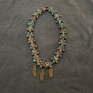 Bronze and turquoise flower and feather necklace